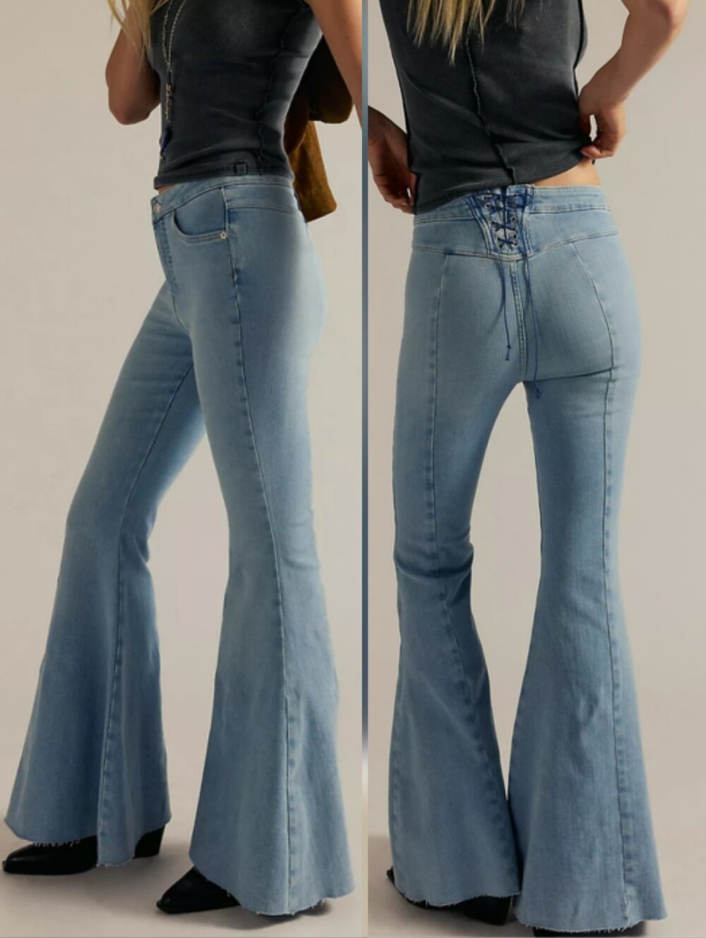 We The Free Crvy High Rise Flare Lace Up Jeans Washed Out Vintage